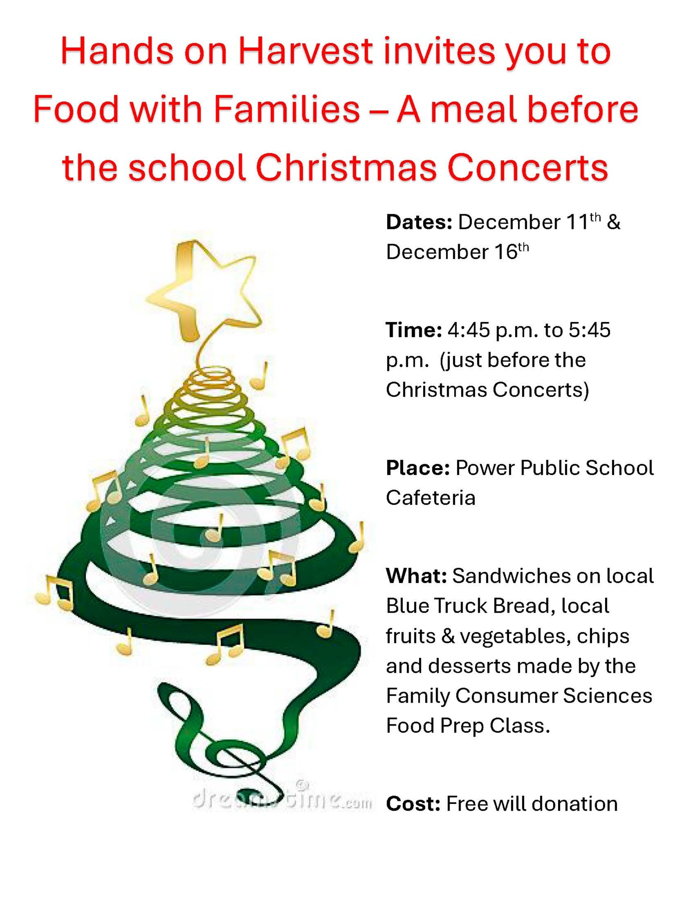 Food with Families Dinner advert for December 11 and 16